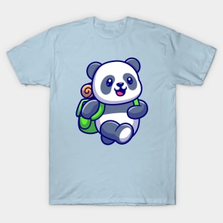 Cute Panda Traveling With Backpack Cartoon T-Shirt